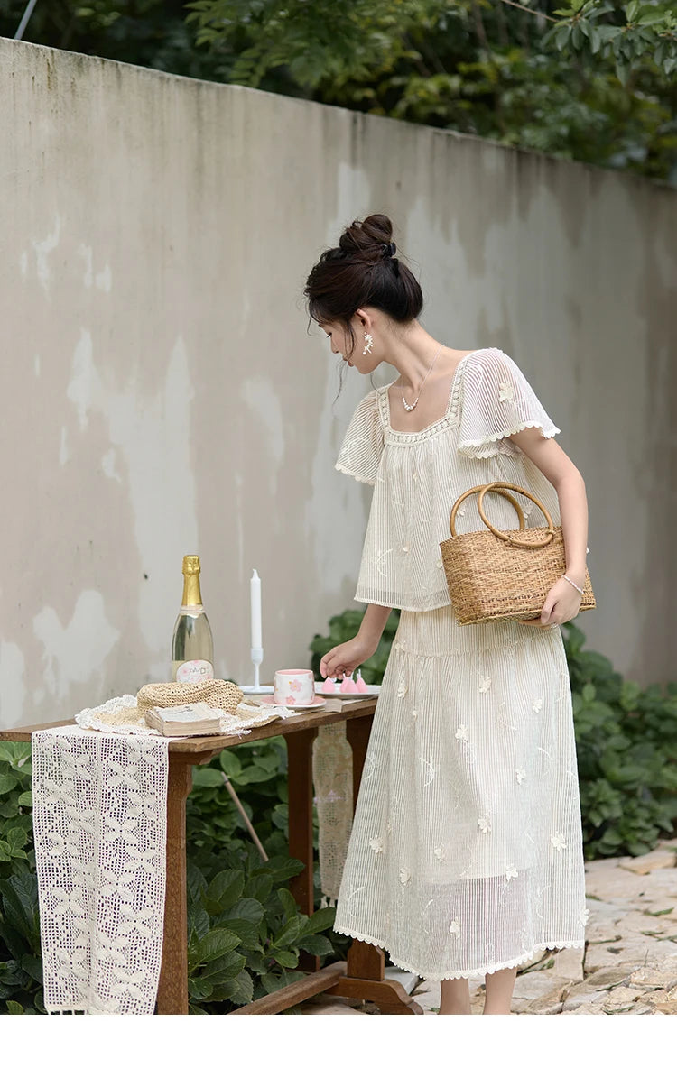 MISHOW Elegant Butterfly Flying Sleeve Blouses Elastic Waist Skirt Separately Summer Back Lace-up Top Midi Skirts MXD29X1559