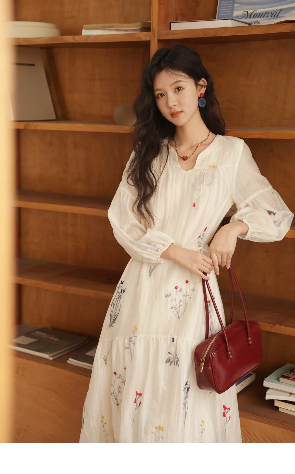 Mishow Beige Curved Collar Lantern Sleeve Tied Dress MXE41L2487