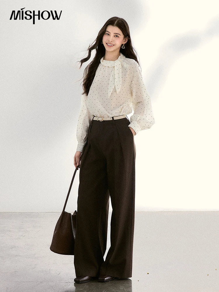 MISHOW Women's Dark Brown Wide Leg Pants 2026 Spring High Waist Pleated Pants Back Elastic Waist Casual Trousers MXF108K1010