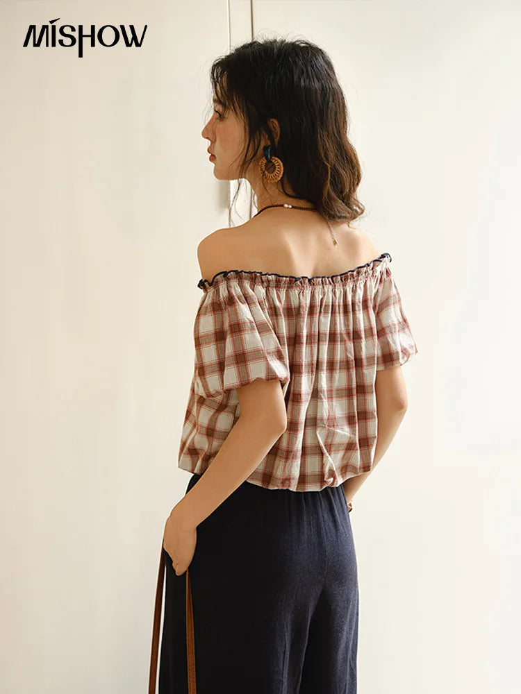 MISHOW Two Piece Set for Women Retro Red Grid Puff Sleeve Top+Casual Elastic Waist Wide Leg Pants Set 2025 Summer New MXE37T0649