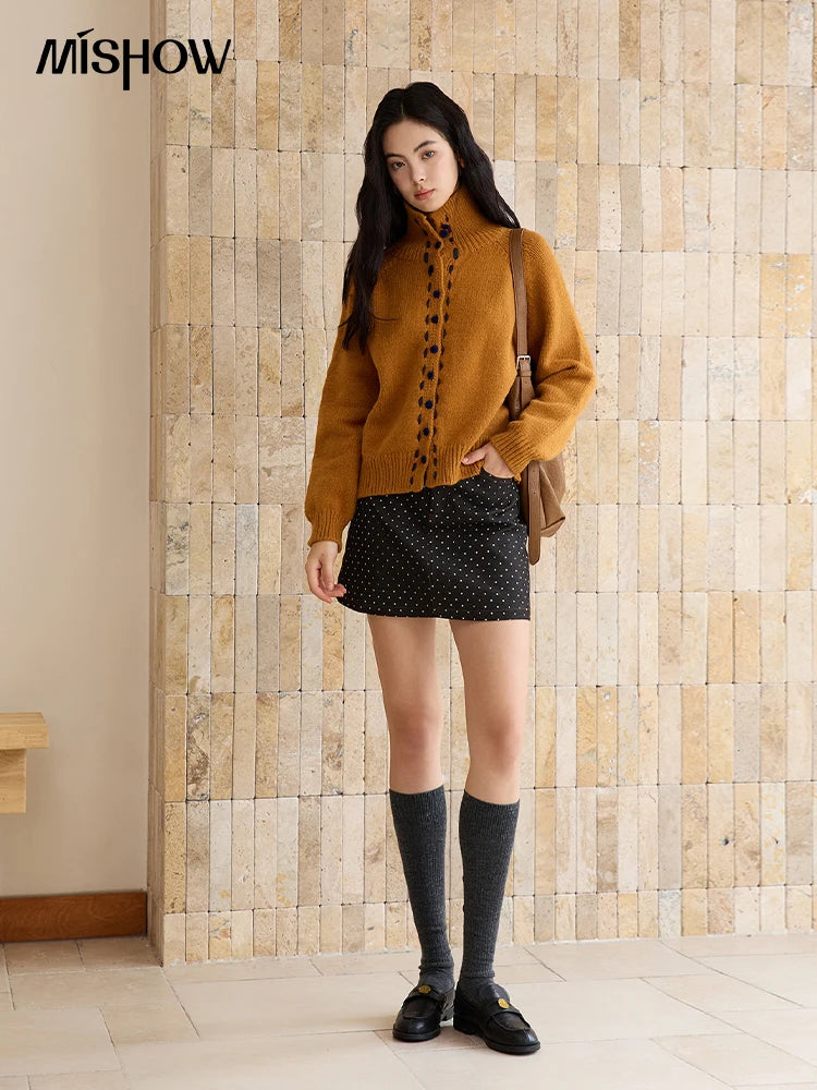 MISHOW Women's Turtleneck Sweater 2025 Retro Long-sleeved Single-breasted Loose Knit Top Casual Winter Woman Cardigan MXE48Z2617