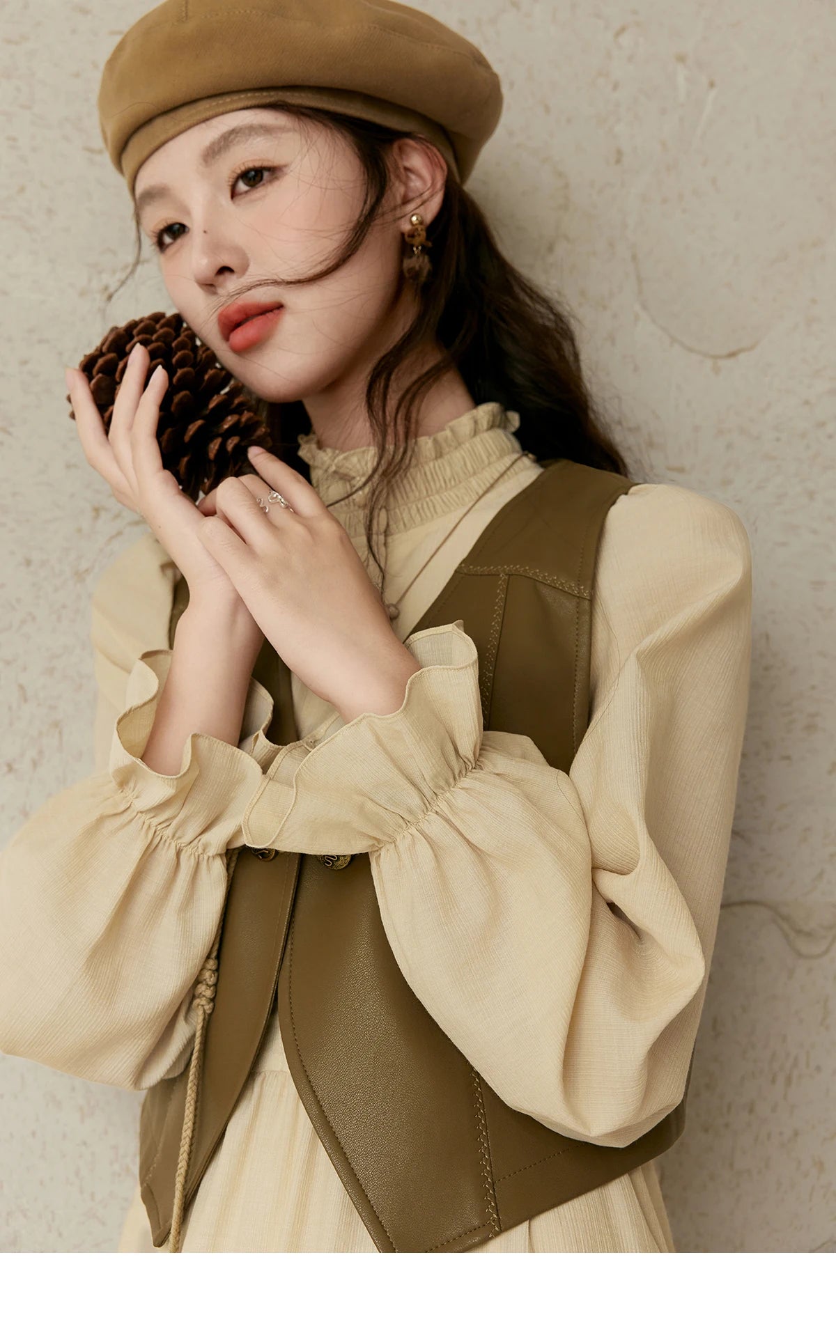 MISHOW French Stand Neck Elasticity Dress 2024 Autumn Waist Elegant A-line Dresses Elastic Lotus Leaf Sleeves Dress MPD42L2036