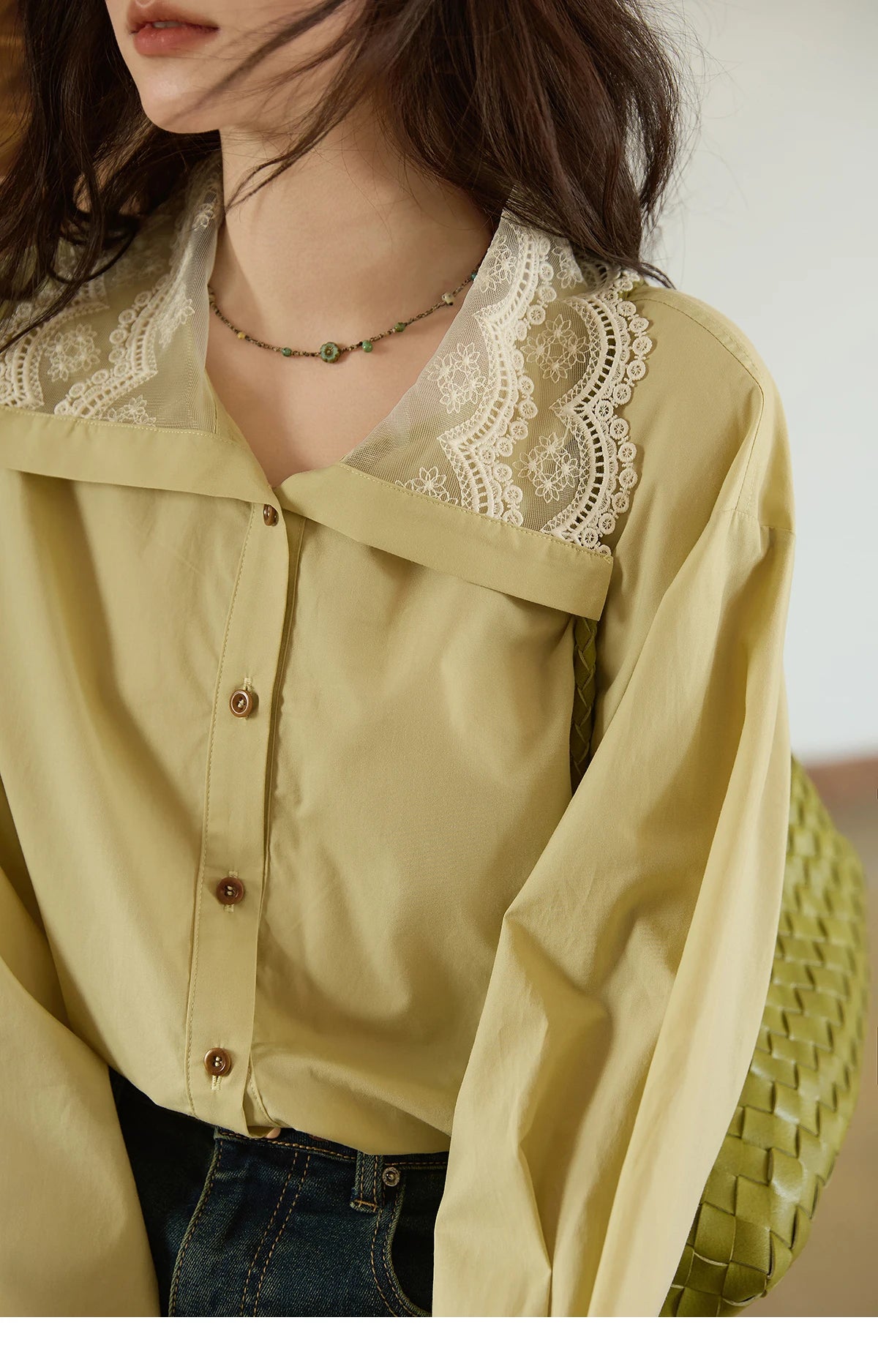 MISHOW Autumn Solid Cotton Shirt Autumn V-neck Double-layer Lace Retro Design Shirts Single Breasted Tops Office Lady MXE41C2366