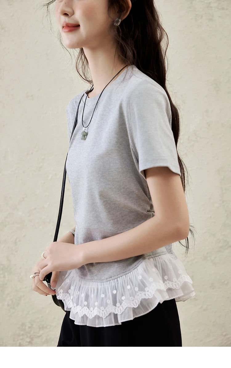 MISHOW Lace Hem Splicing T-shirt for Women Spring/summer 2025 Round Neck Versatile Top Streetwear Solid Casual Tees MXE31T0528