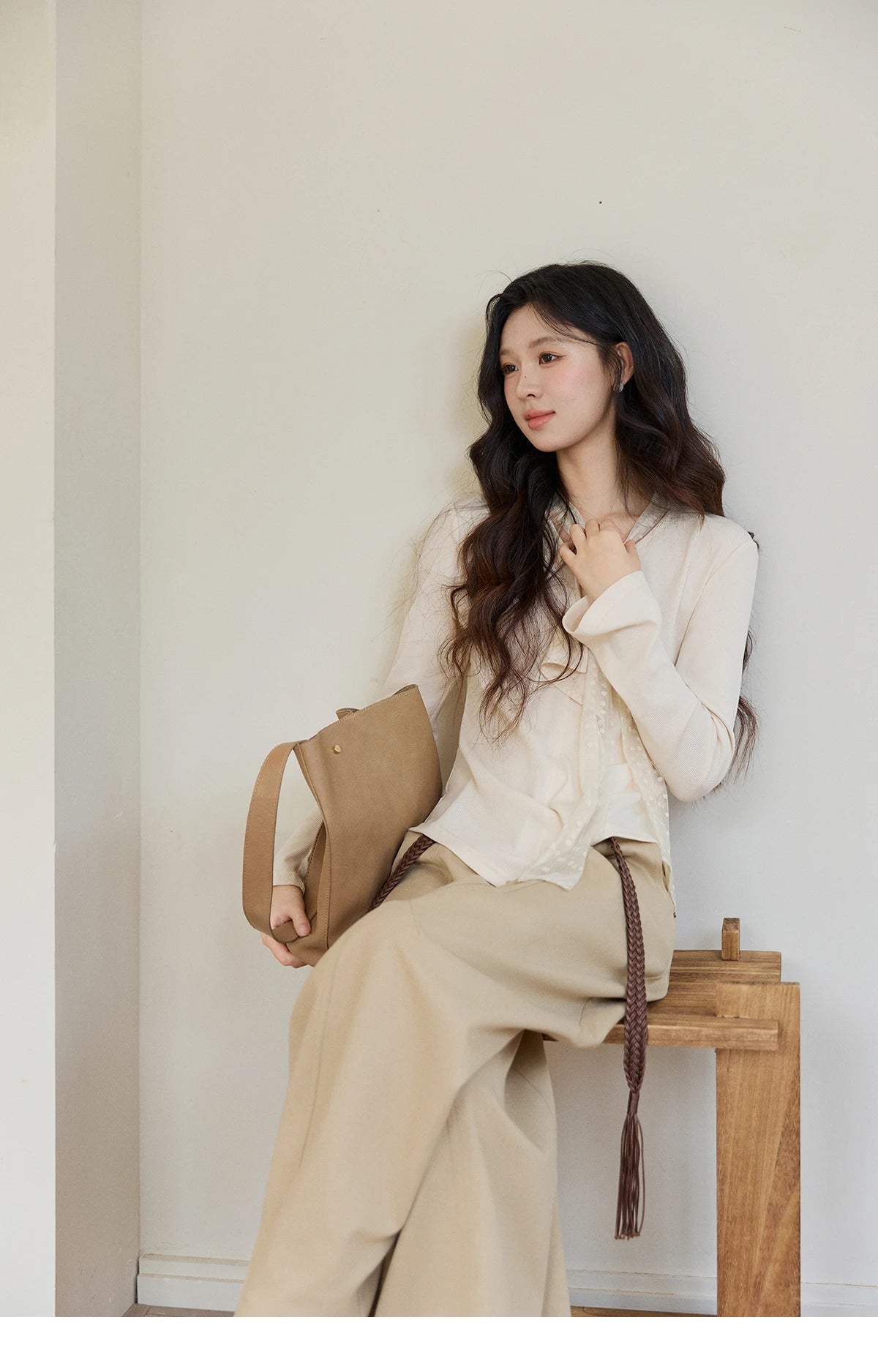 MISHOW Women's V-neck Splicing Lace Ribbon Long Sleeve Tops Spring Ruffled Asymmetrical Hem Flare Sleeve Knitwear MXF108Z1016