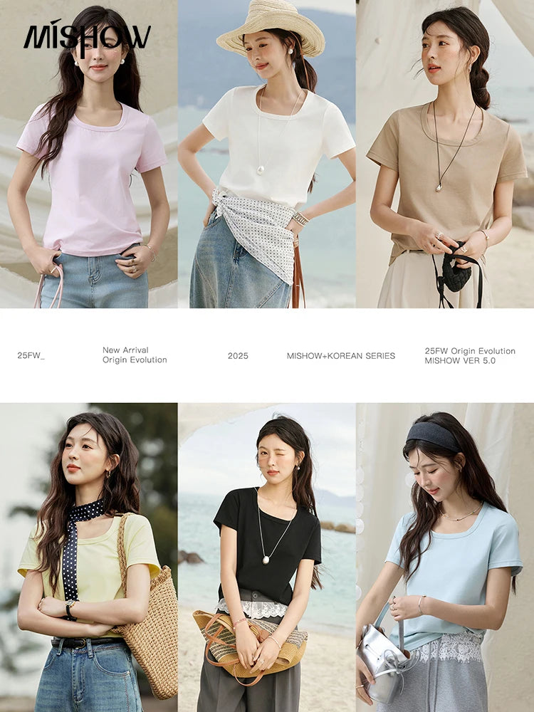 MISHOW Solid Casual T-shirts Women Summer 2025 New Square Neck Short Sleeve Shirt Female Fashion Straight Tops Woman MXE15T0483
