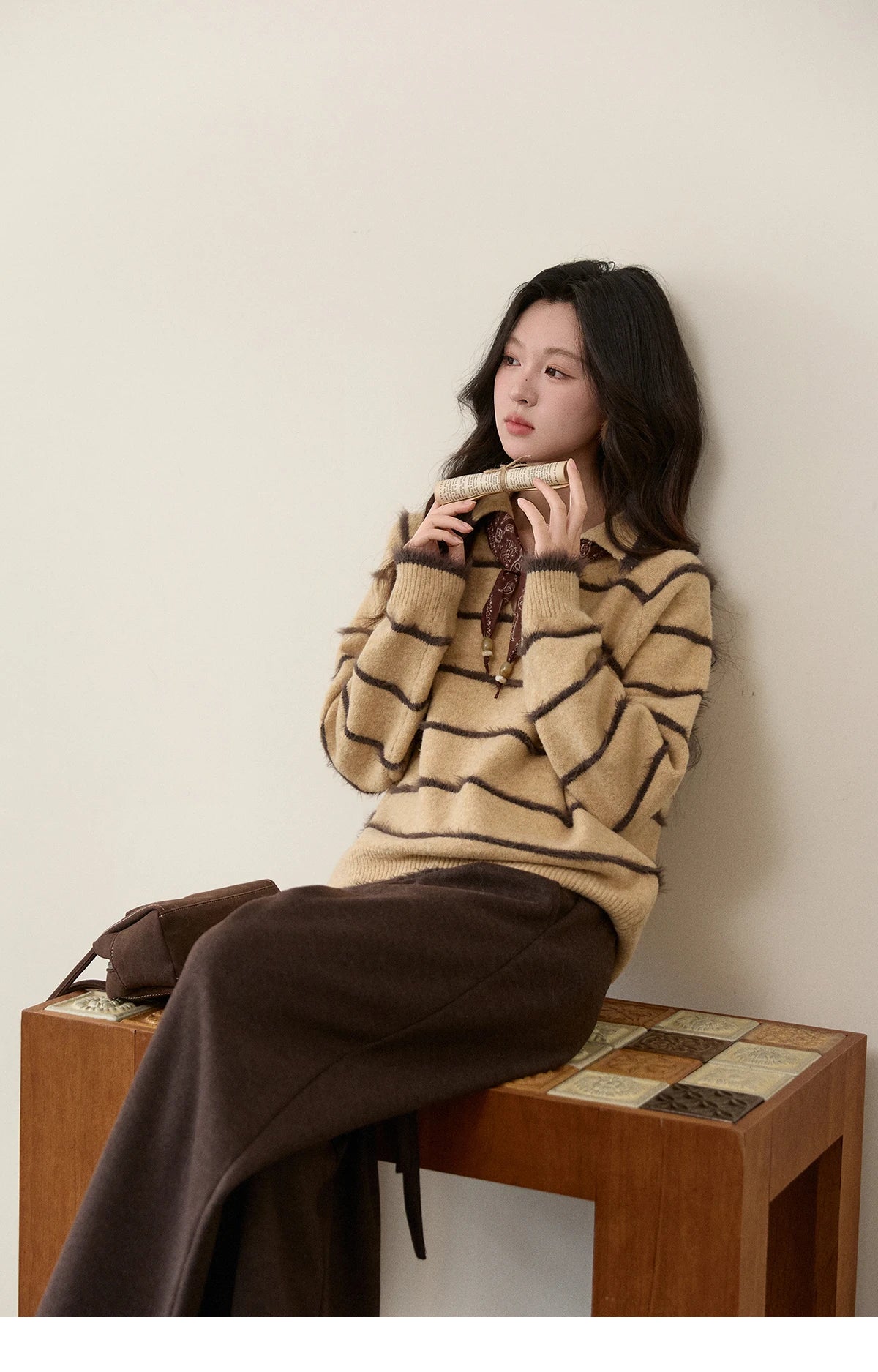 MISHOW Women's Faux Mink Fur Striped Sweater 2025 Winter Loose Lapel Tassel Hem Thickened Knitwwear Excluding Scarves MXE93Z2945