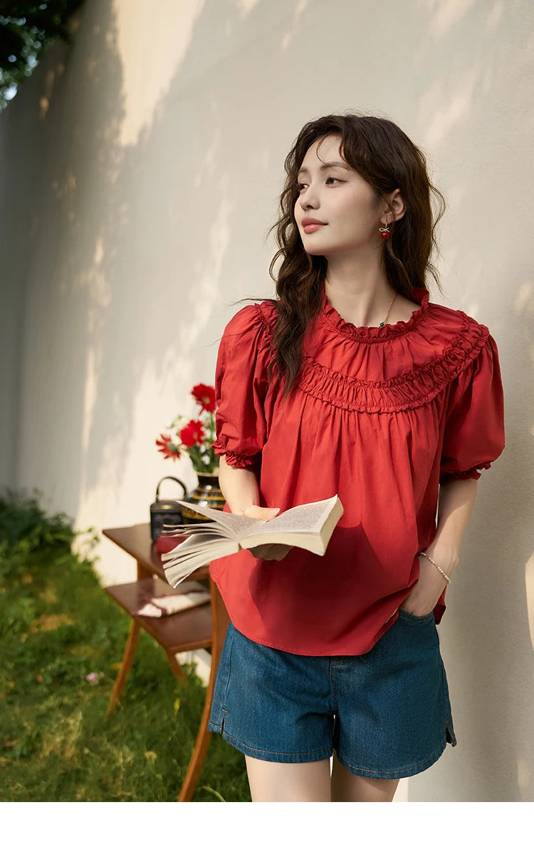 MISHOW French Cotton Bubble Sleeve Blouse Lace Collar MXD23X1500