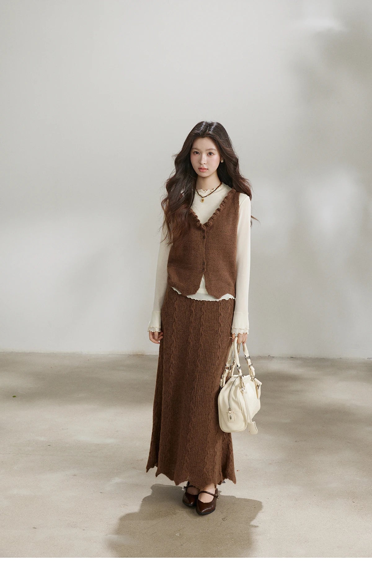 MISHOW Women's Brown Two-Piece Set 2026 Spring Knitted Vest V-Neck Cable Knit Maxi Skirt Casual Retro Warm Outfit MXF11T1460