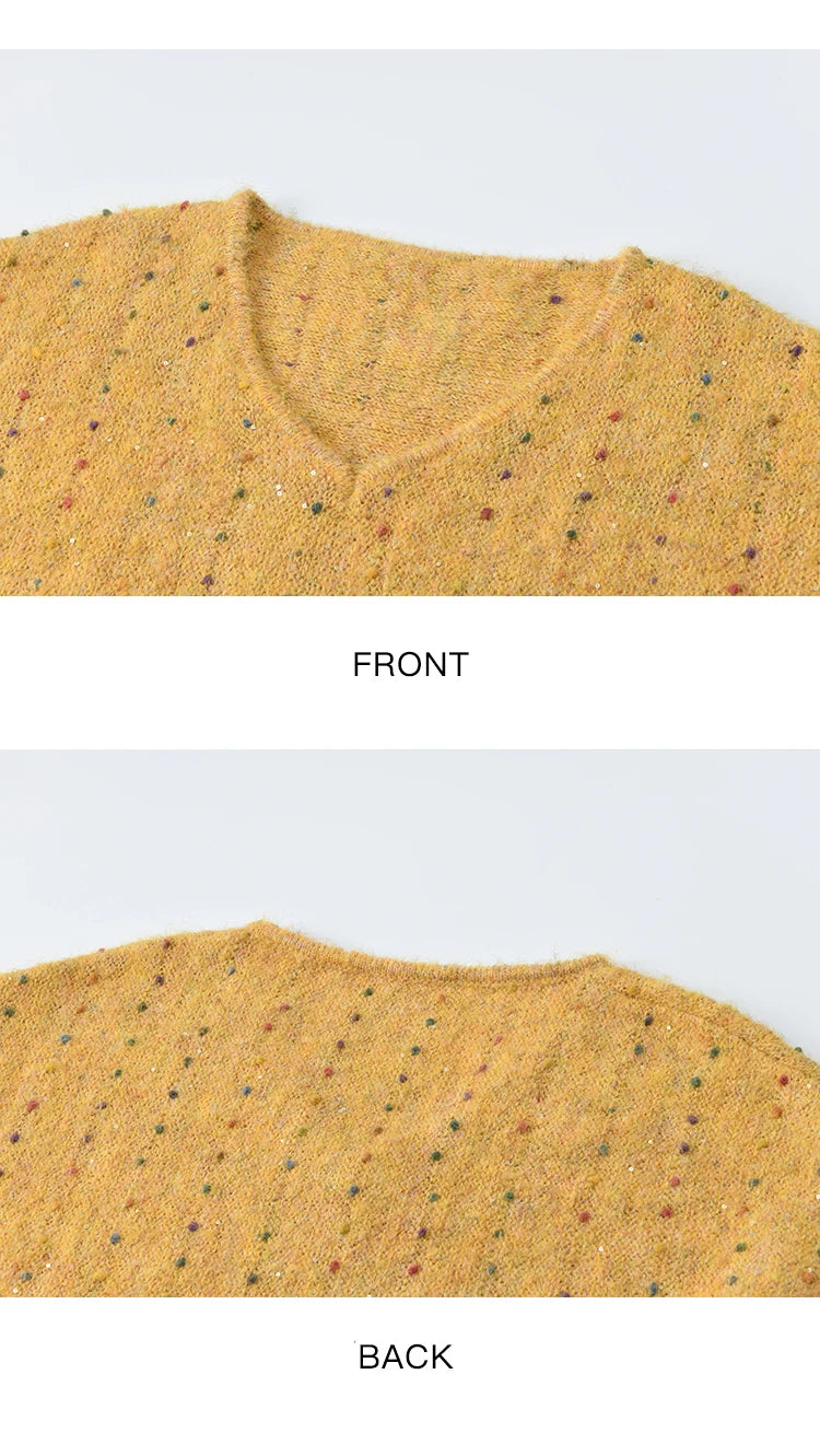 MISHOW Women Long Sleeve Tops 2025 Autumn Retro Yellow Sequins V-neck Sweater Knitted Comfortable Casual Pulllovers MXE47Z2572