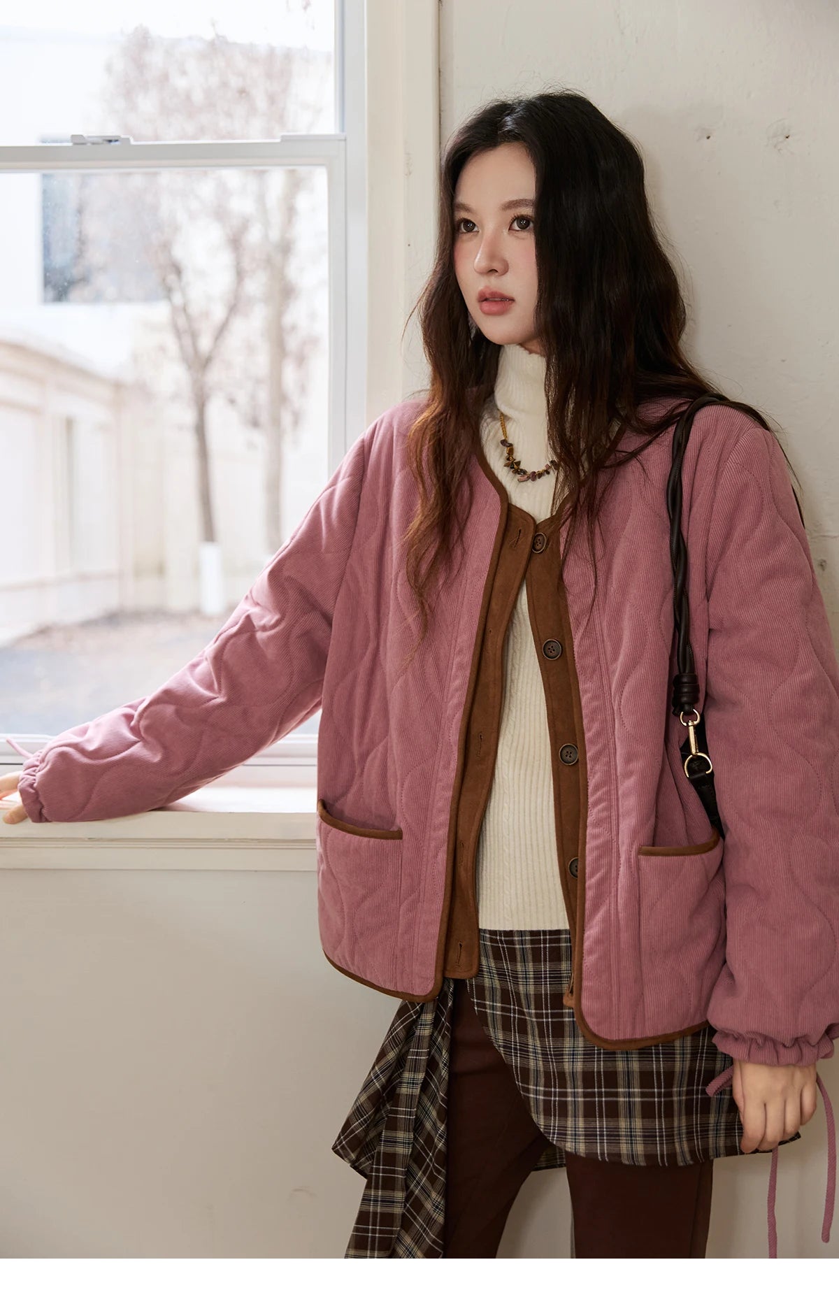 MISHOW Pink Purple Corduroy Jacket Women 2025 Winter Retro Gourd Pattern Pleated Cotton Splicing Suede Jacket Top MXE88W0882