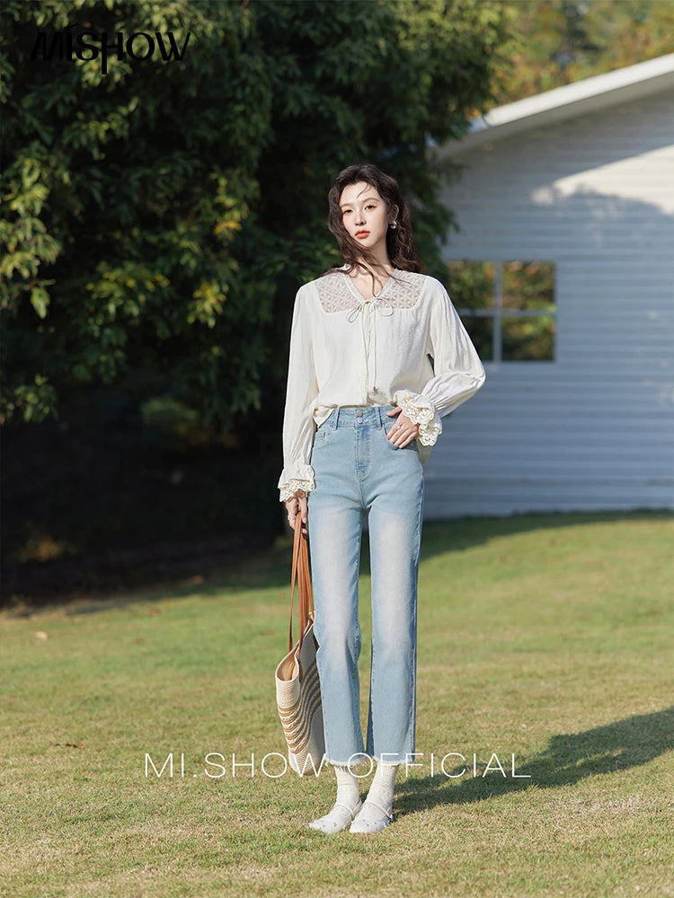 MISHOW Lace Patchwork Shirt for Women Spring 2025 V-neck with Fungus Edge Lace-up Chiffon Top Petal Sleeve Shirts MXE13X1713