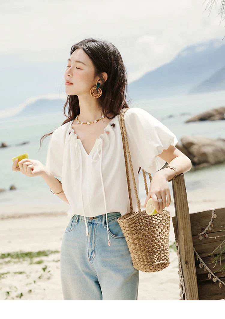 MISHOW Solid French Summer Blouses Woman 2025 New Short Puff Sleeve V-neck Beaded Retro Shirts Women Fashion Tops MXE33X1757