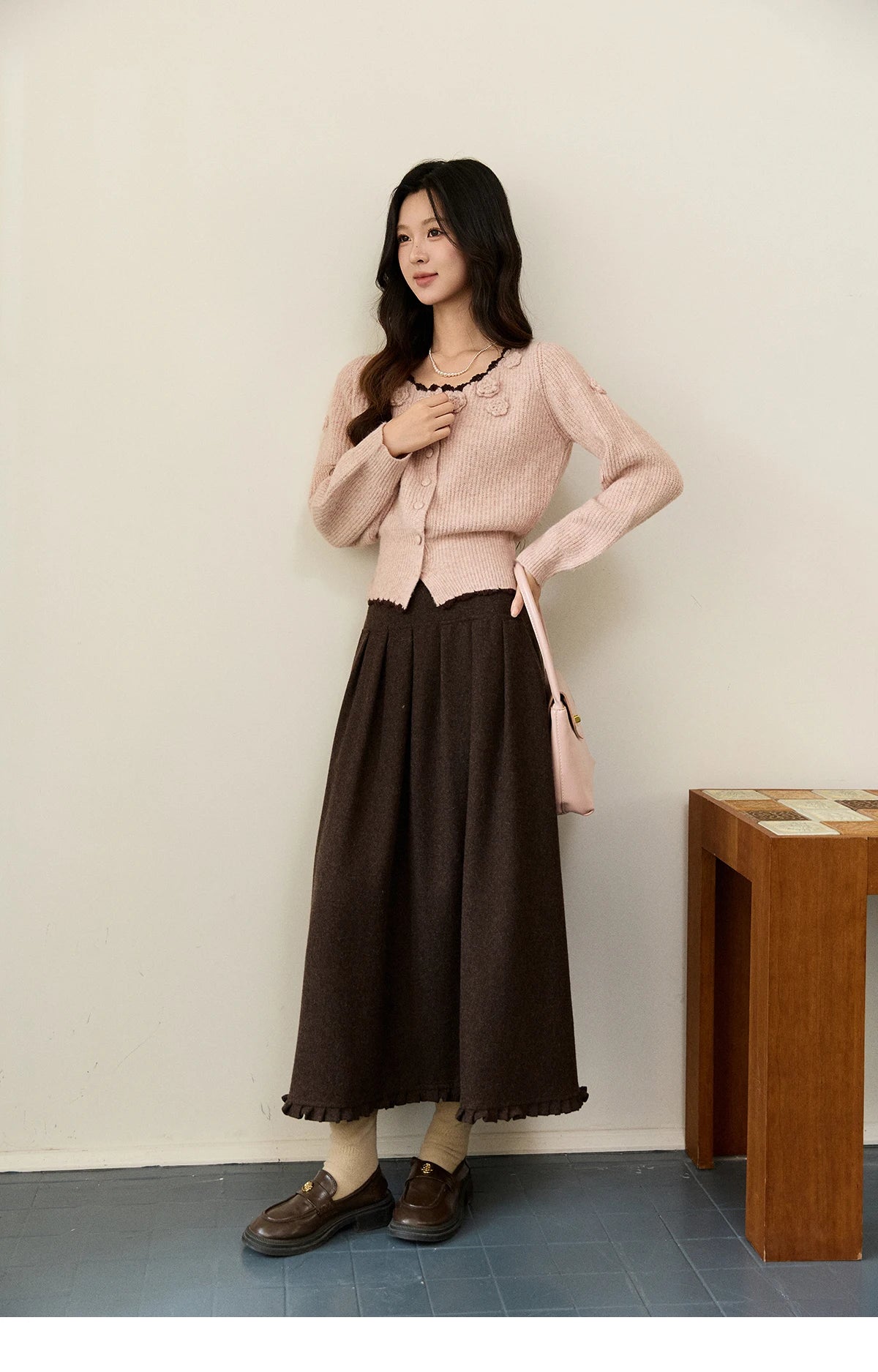 MISHOW Women's Pink Knitted Cardigan 2025 Autumn Winter Flower Decor Lace Trim Button Cardigan Slim Warm Pullover Top MXE94Z2862