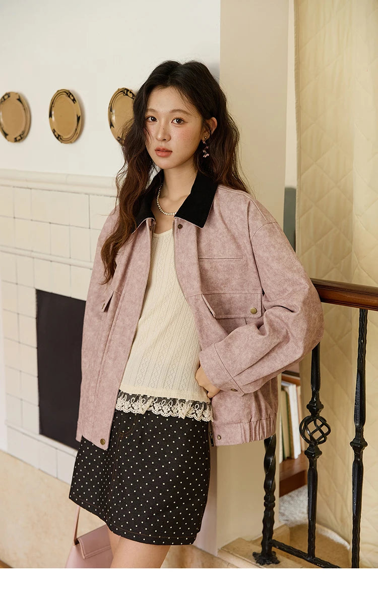 MISHOW Pink Purple Collision Black Lapel Jacket for Women Autumn Suede Metal Zipper Top Retro Loose Elastic Hem Coats MXE46W0865