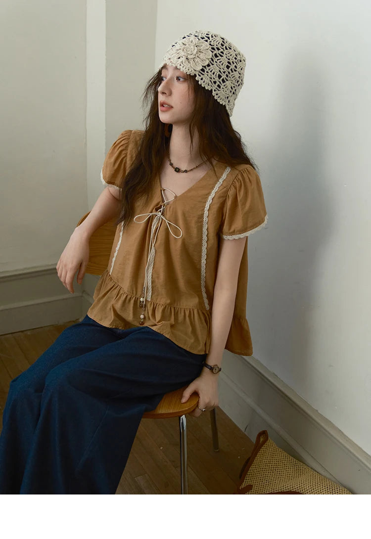 MISHOW V-Neck Puff Sleeve Blouse Lace Up Patchwork Ruffle Edge MXE37X1852