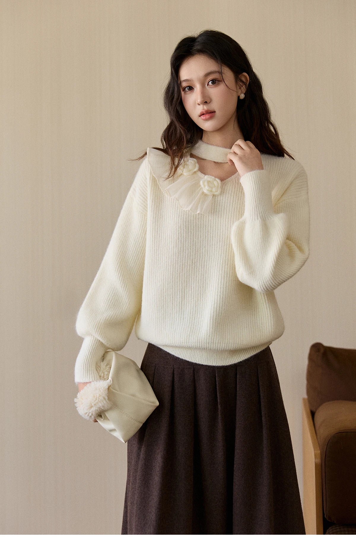 MISHOW Women's Cutout Neck Knitted Sweater 2025 Winter Ruffle Flower Decor Dropped Lantern Sleeves Pullover Tops MXE94Z2982