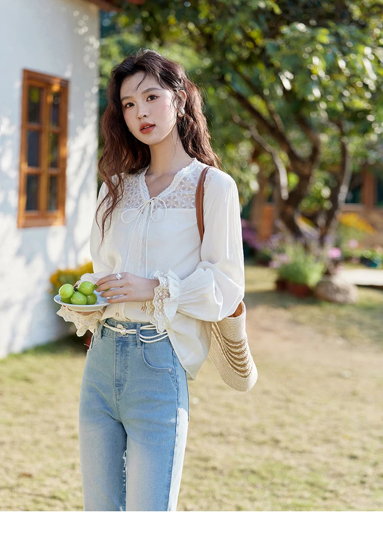 MISHOW Lace Patchwork Shirt for Women Spring 2025 V-neck with Fungus Edge Lace-up Chiffon Top Petal Sleeve Shirts MXE13X1713