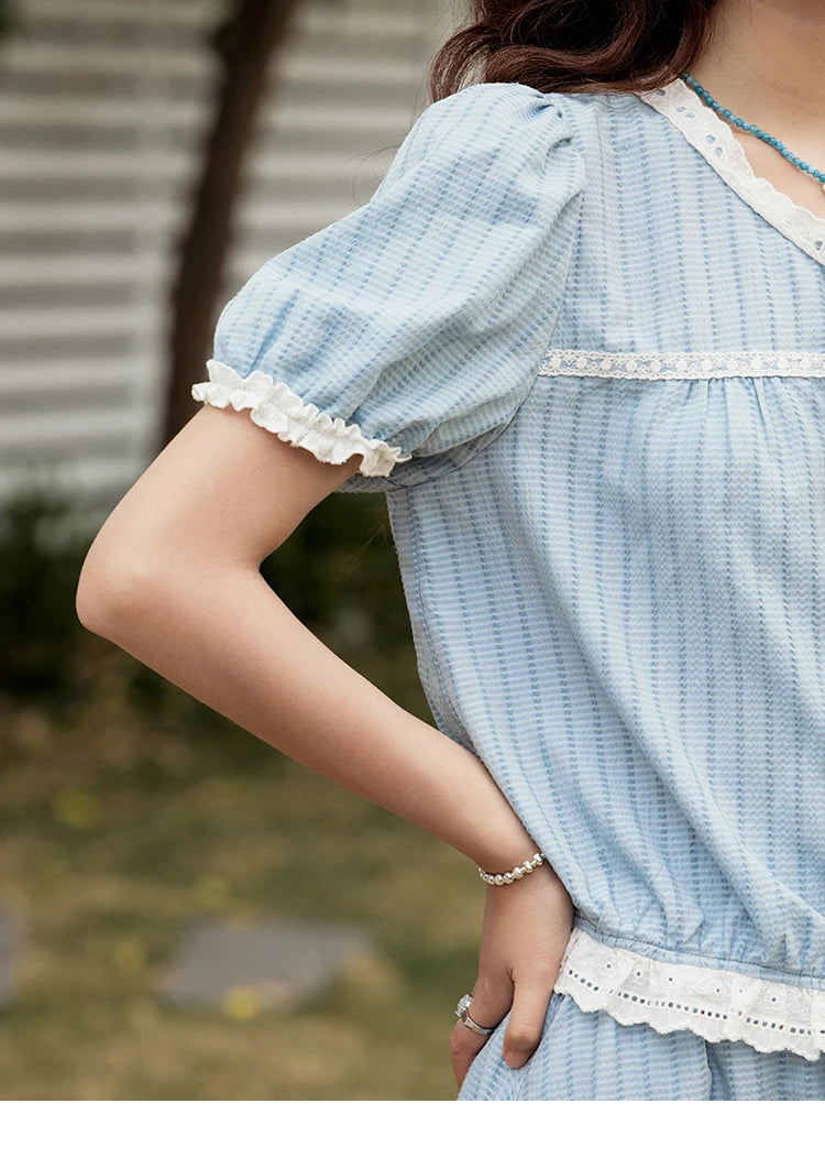 MISHOW Elegant Summer Skirts Sets Women 2025 Short Sleeve V-neck Tops Blue Stripe Lace A-line Skirt Woman Slimming MXE31T0531