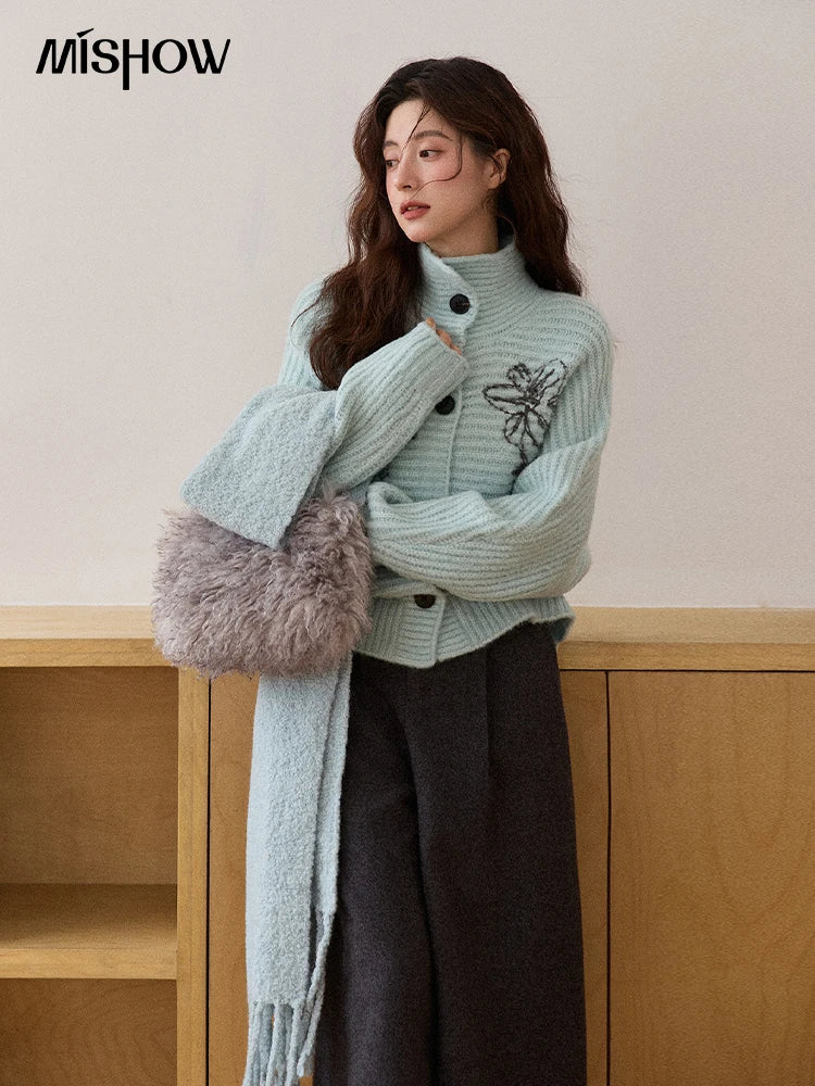 MISHOW Flower Jacquard Knit Cardigan Woman 2025 Winter Retro Luxury Loose Blue Stand-up Collar Outerwear Casual Top MXE86Z2665