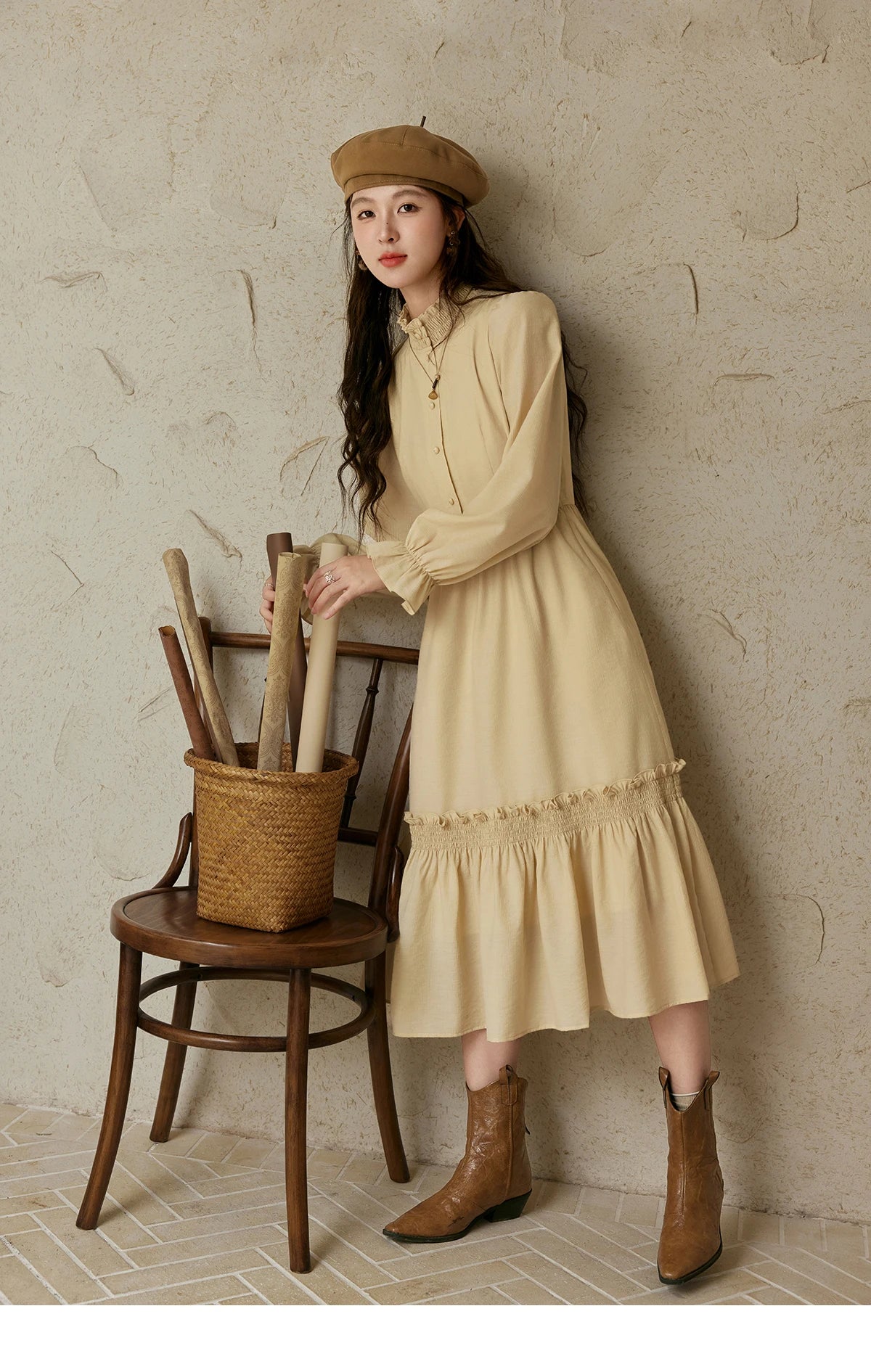 MISHOW French Stand Neck Elasticity Dress 2024 Autumn Waist Elegant A-line Dresses Elastic Lotus Leaf Sleeves Dress MPD42L2036