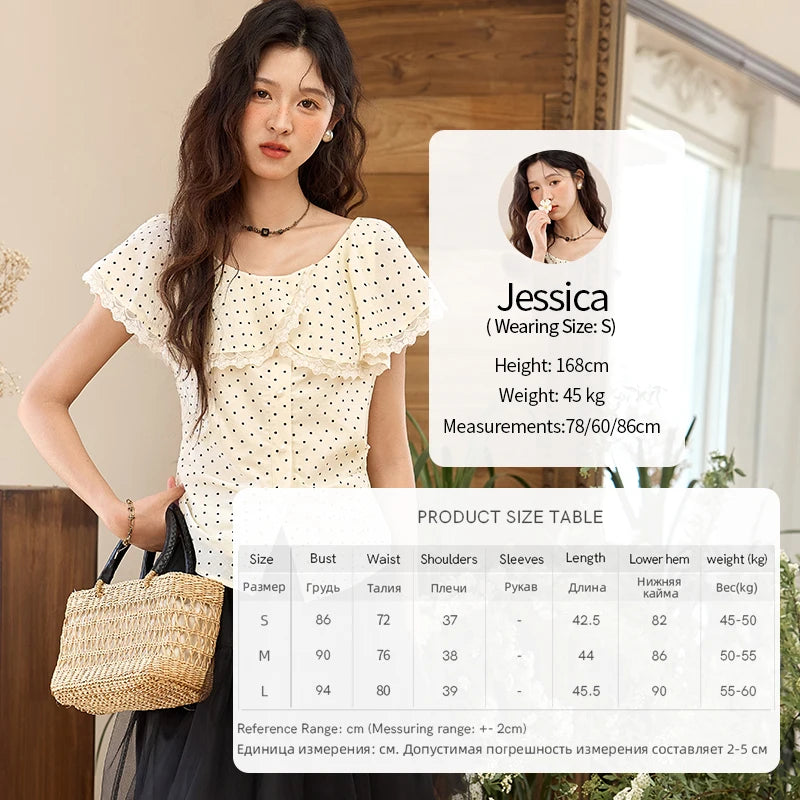 MISHOW Women's Apricot Polka Dot Shirt 2025 Summer French Ruffle Edge Patchwork Lace Shirts Short Sleeved Slim Top MXE34X1783