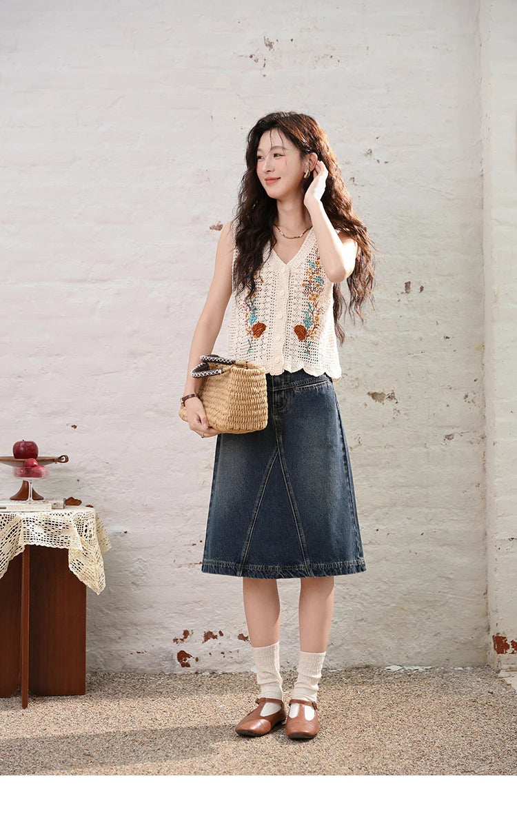 MISHOW Denim Fishtail Skirt 2024 Summer Retro Casual Love Embroidered Pockets Skirt A-line Umbrella Knee-Length Skirt MXD28B0414