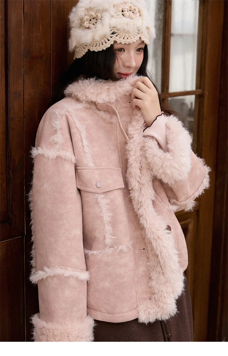 MISHOW Women's Pink Jacket 2025 Winter French Style Stand Collar Plush Patchwork Coat Windproof Warm Coat Woman MXE51W0911