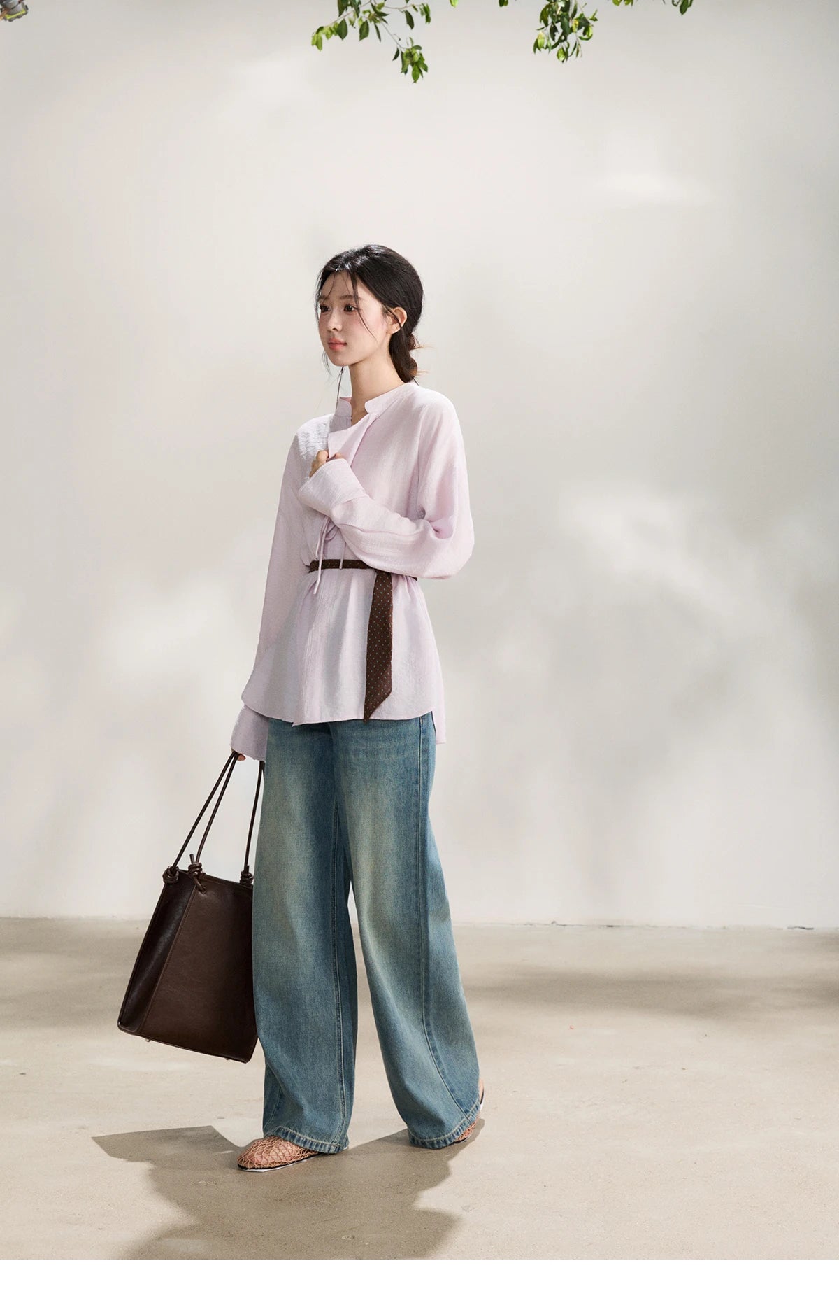 MISHOW Women's Asymmetric V Neck Shirts 2026 Spring Lapel Casual Loose Tie Cuffs Solid Shirt with Polka Dot Ribbon MXF108X1002