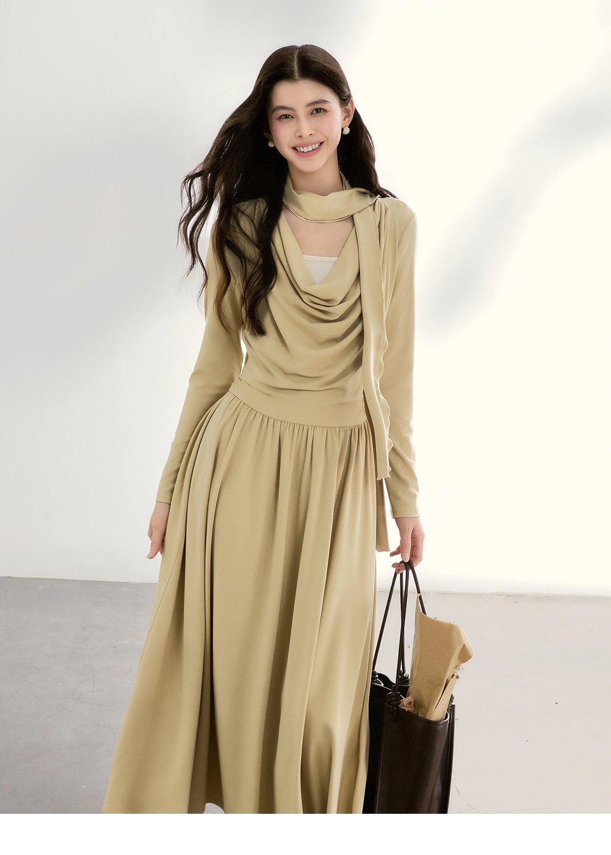 Mishow Khaki Swinging Collar Scarf Waist Dress MXF11L2552