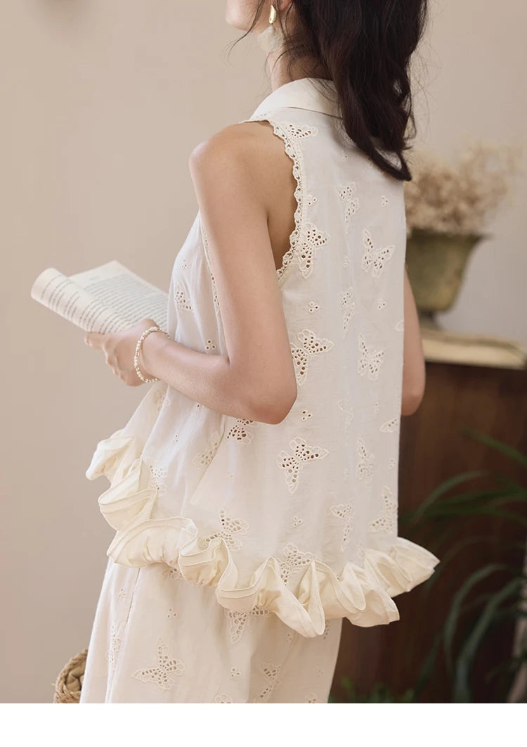 MISHOW 100 Cotton Butterfly Hollow Lace Lapel Shirt for Women Single Breasted Elegant Breathable Shirts with Tube Top MXE34X1808