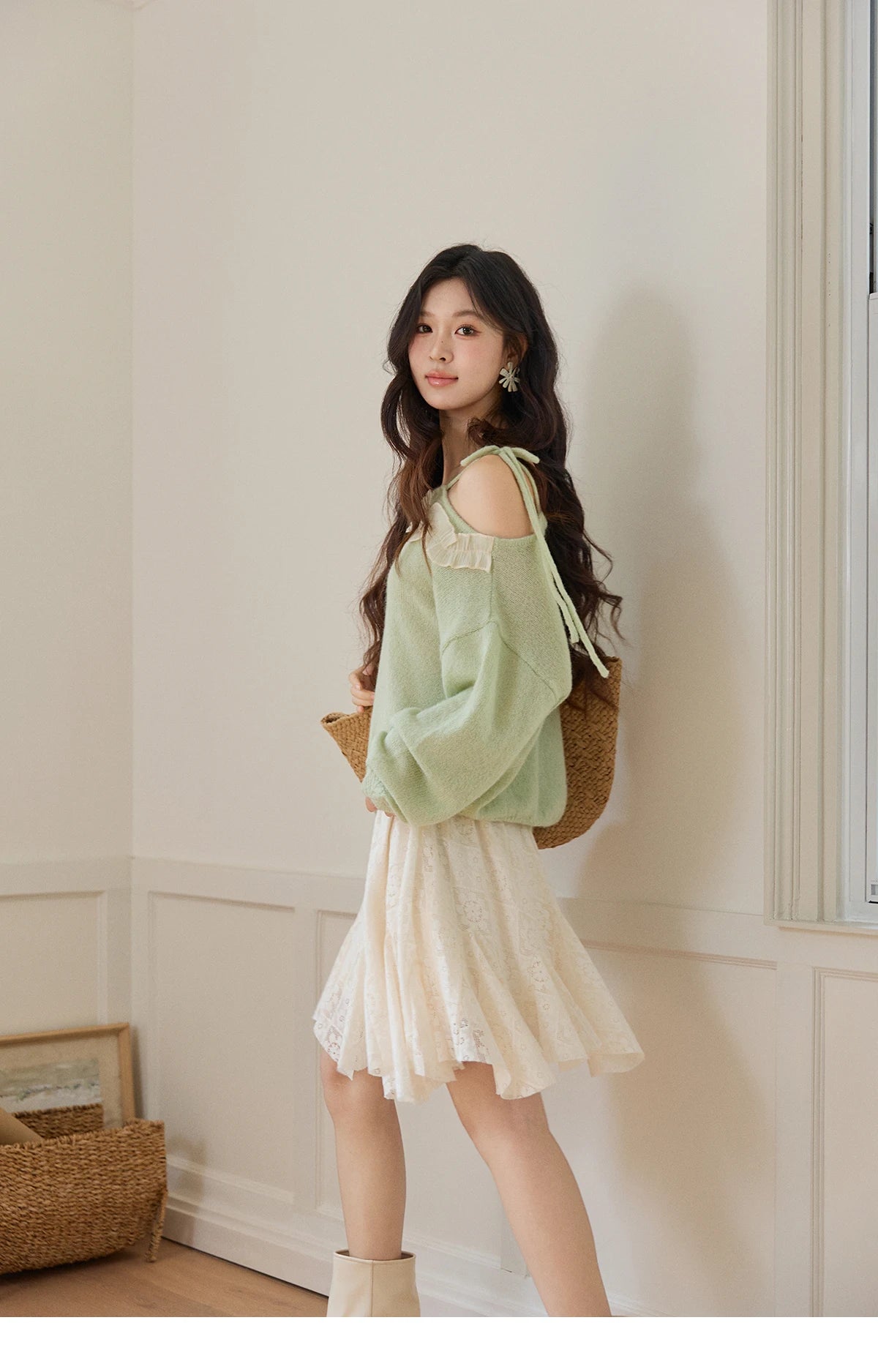 MISHOW Women's Light Green Knit Sweater 2026 Spring Asymmetrical Side Exposed Shoulder Tops Ruffled Casual Loose Top MXF108Z1027