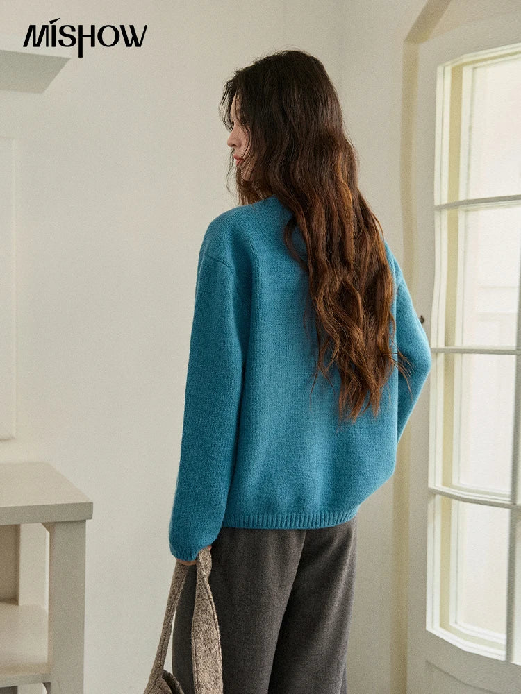 MISHOW Woman Knit Top Peacock Blue Jacquard Sweater for Women 2025 Winter O-neck Long Sleeve Loose Fit Thick Sweater  MXE86Z2751