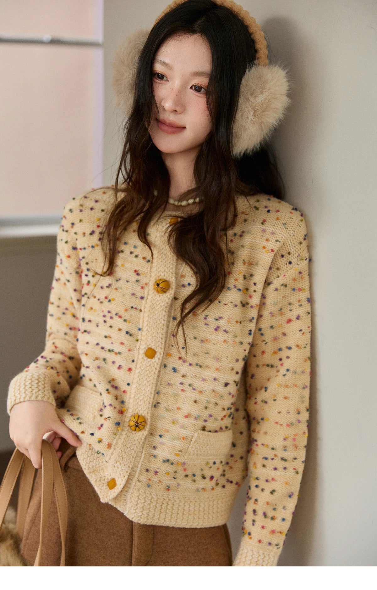 MISHOW Colorful Yellow Sweater Cardigan for Women Winter 2025 Arctic Fleece Retro Round Neck Warm Thick Knit Sweaters MXE91Z2778