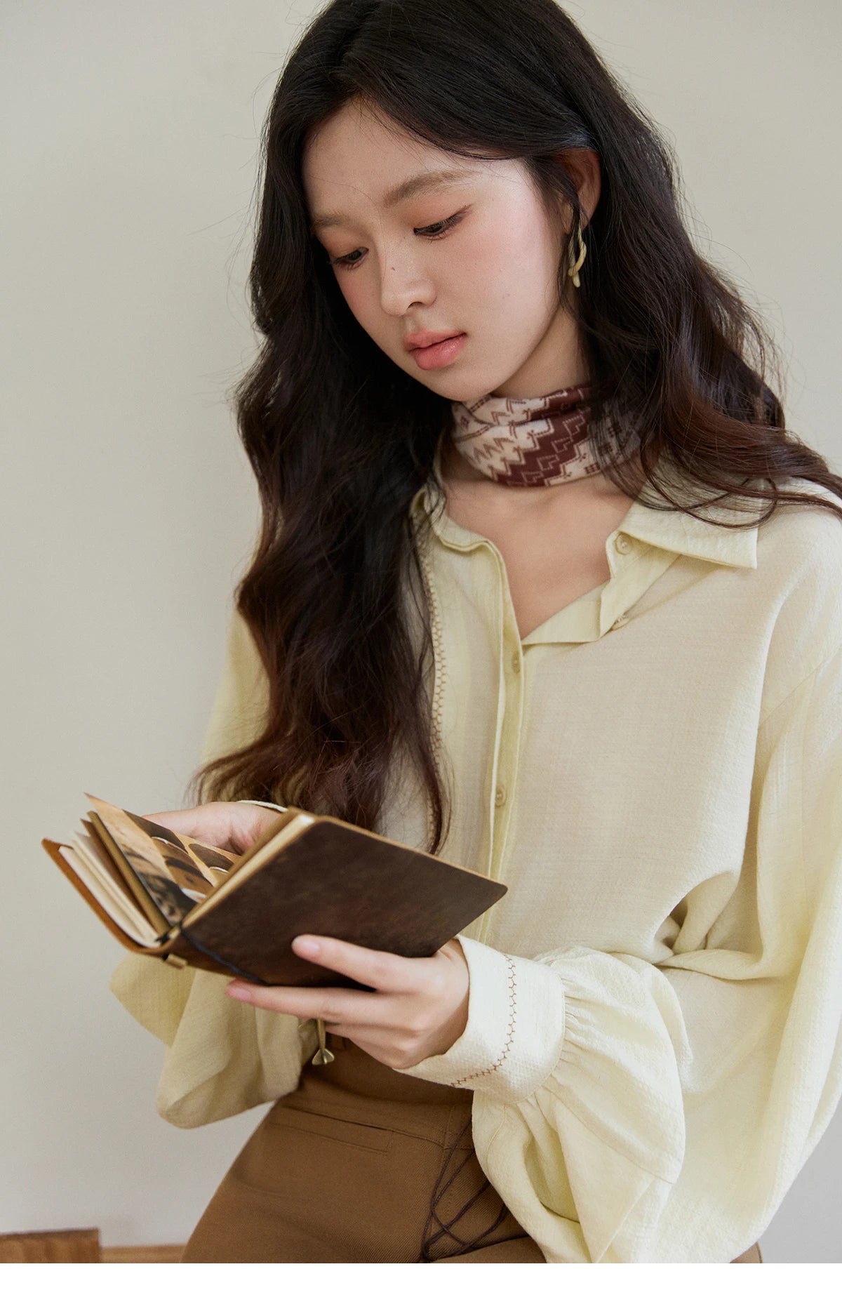 MISHOW Women's Lapel Lantern Sleeve Shirts 2026 Spring Lace Trim Casual Loose Breathable Solid Shirt Office Lady MXF13C2436