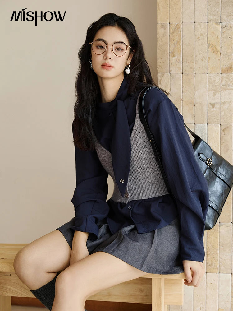 MISHOW Woman Shirt Set 2025 Autumn Fashion New Navy Blue Ribbon Design Layered Shirt Knit Camisole Two-piece Suit MXE47T1412