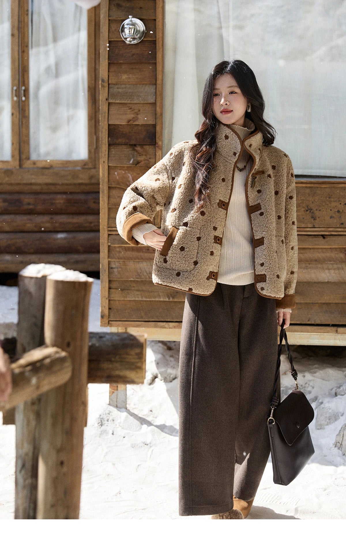 MISHOW Women's Brown Reversible Shearling Coat 2025 Winter Suede Polka Dot Lapel Coats Fleece Thick Warm Short Jacket MXE93W1012