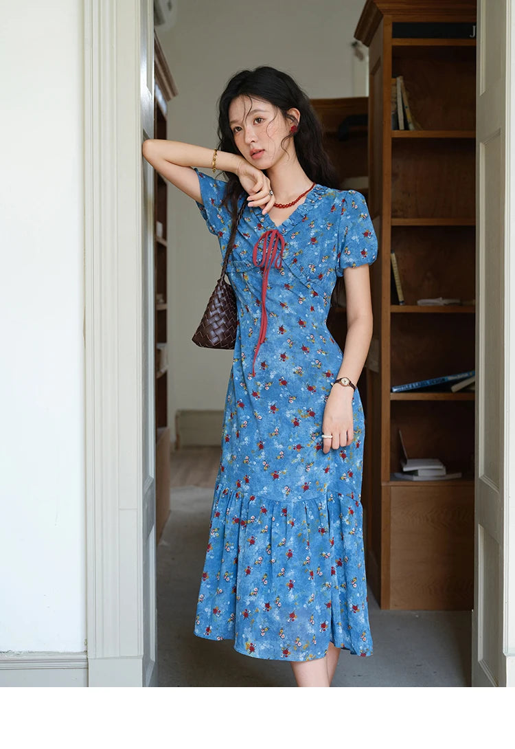 MISHOW Women's V-neck Lace Up Dress 2025 Summer New Female Fashion Puff Sleeve Chiffon Print Dresses Ladies Clothing MXE39L2401