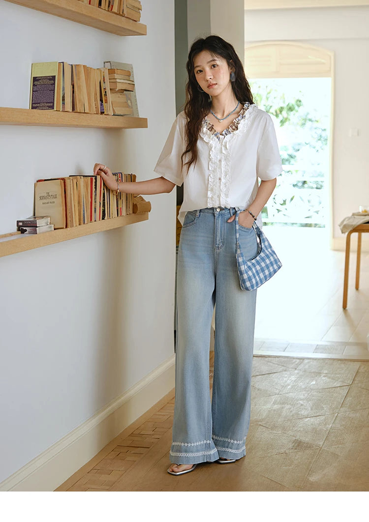 MISHOW Fashion V-neck Shirt for Women Summer 2025 Thin Short Sleeve Patchwork Double Layer Fungus Edge Button Top MXE35X1793