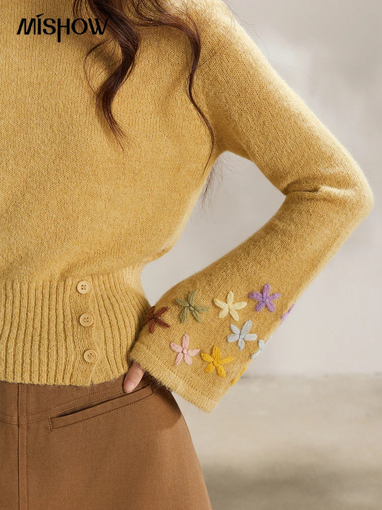 MISHOW Floral Embroidered Boat Neck Flare Sleeve Knit Tops 2026 Spring Side Button Slim Casual Soft Yellow Sweater MXE94Z2864