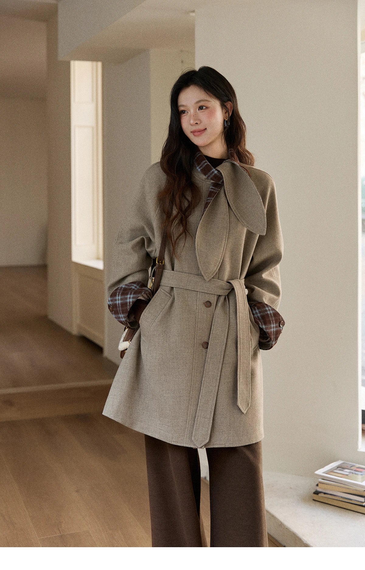 MISHOW Retro British Plaid Patchwork Woolen Coat Winter 2025 Rabbit Ear Tie Collar Waist Cinching Belt Woolen Coats MXE90W0924