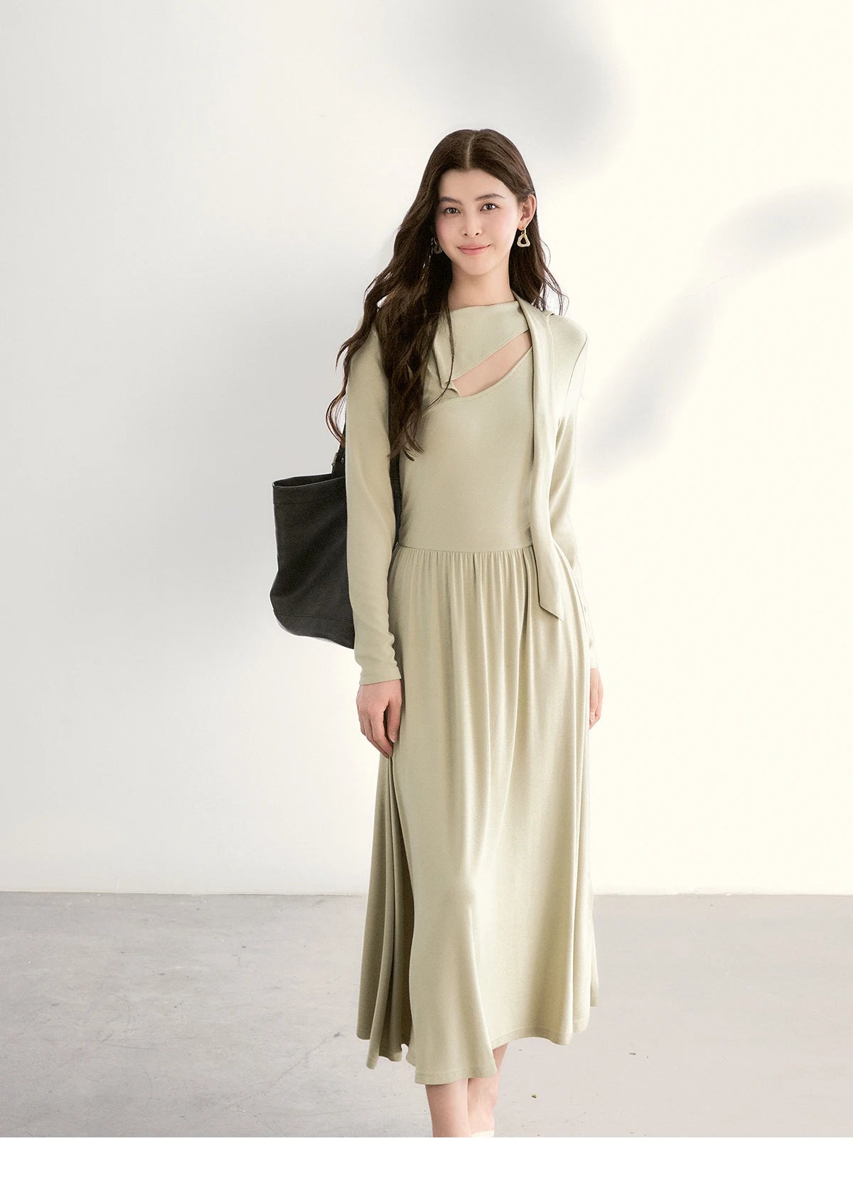 MISHOW Women's Light Green Midi Dress 2026 Spring Cutout Neck Hollow Out Ribbon Dresses Elegant Long Sleeve Dress MXF13L2556