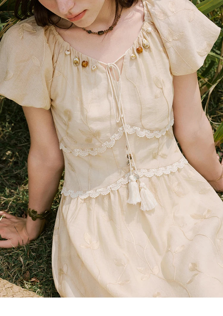 MISHOW Print Office Lady Dress Women Summer 2025 Short Sleeve Round Neck Beaded Neckline Slim Waist Dresses Female MXE33L2208