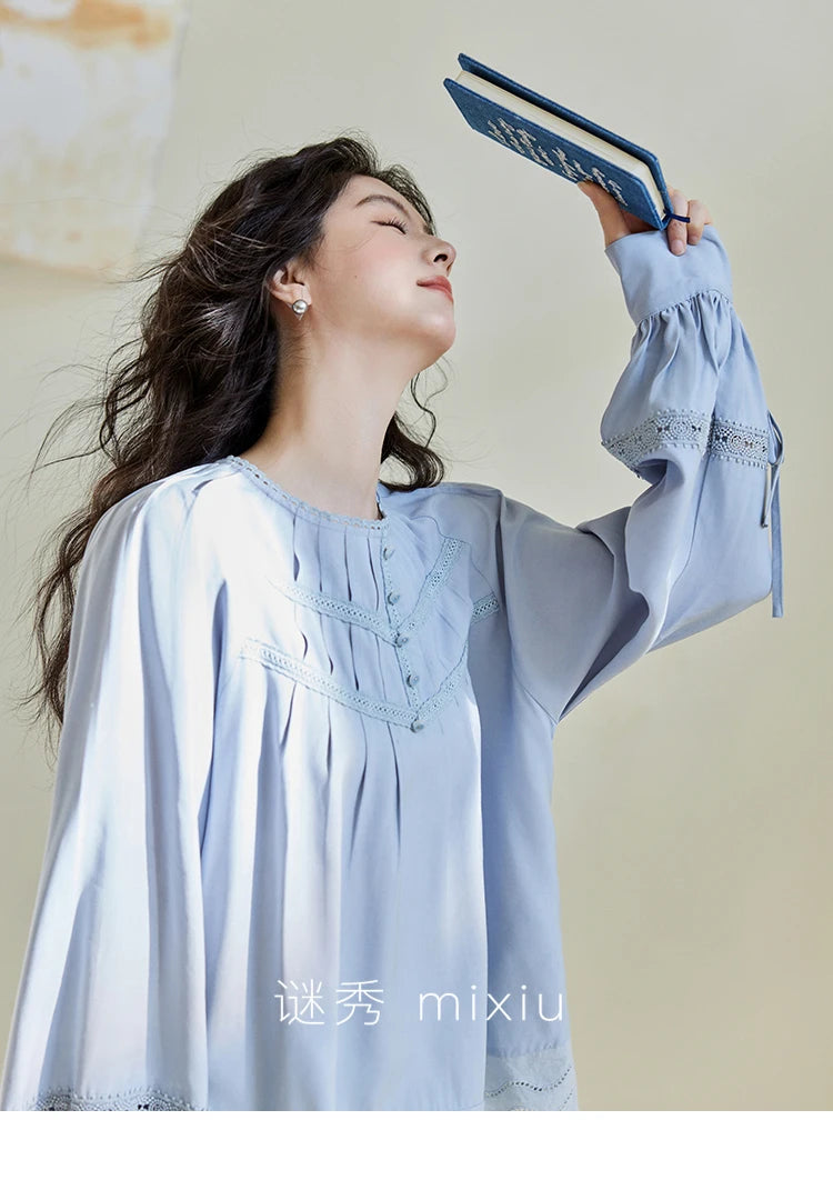 MISHOW Blue Lace Patchwork Shirt for Women 2025 Spring Sleeve Lace-up Hem Wave Edge Top Lantern Sleeve Loose Shirt MXE14X1716