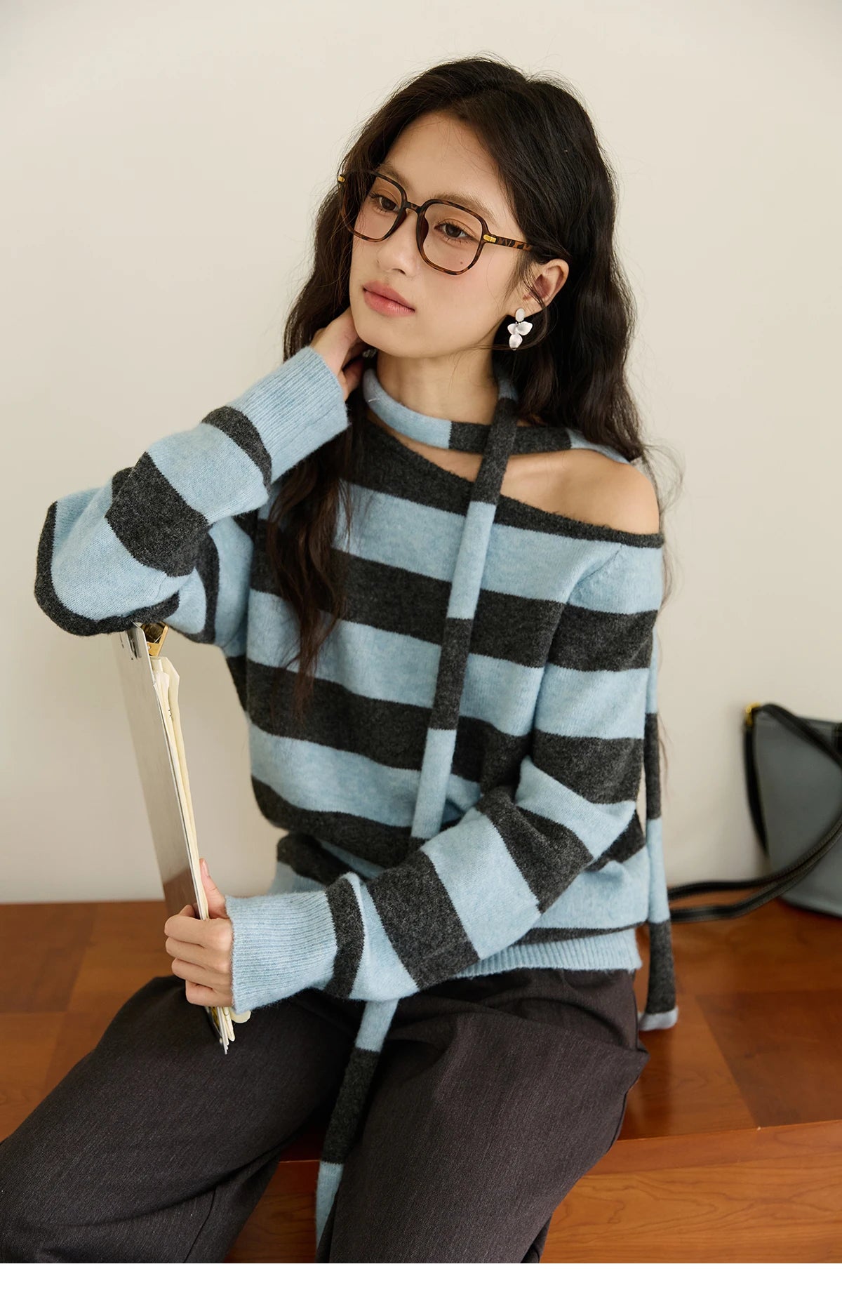 MISHOW Blue Gray Stripe Knitted Top 2025 Autumn Slanted Shoulder Collar Sweaters with Ribbon Loose Wool Blend Sweater MXE46Z2540