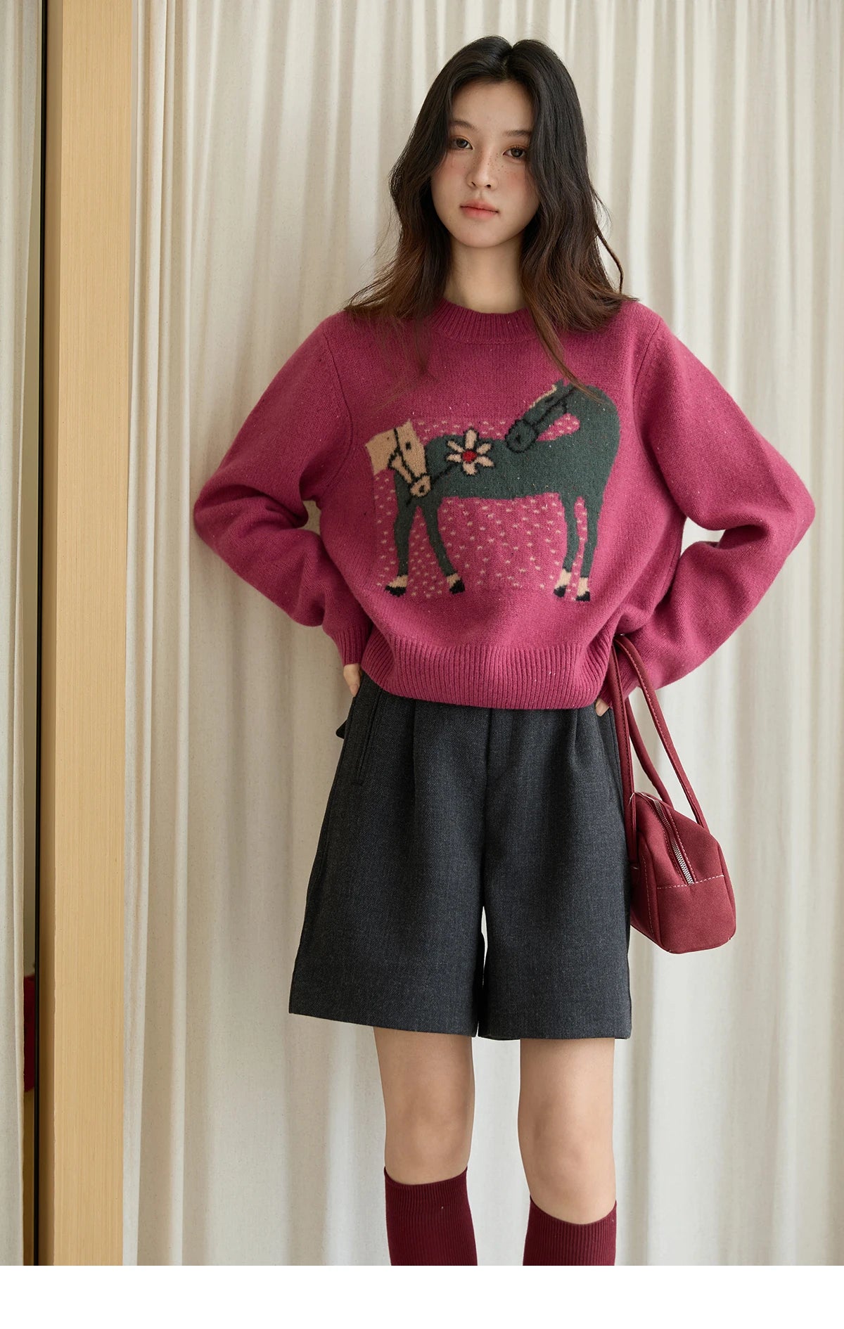 MISHOW Red Sweater Women 2025 Autumn Winter French Round Neck Pony Jacquard Loose Pullovers Long-sleeved Knitted Top MXE48Z2622