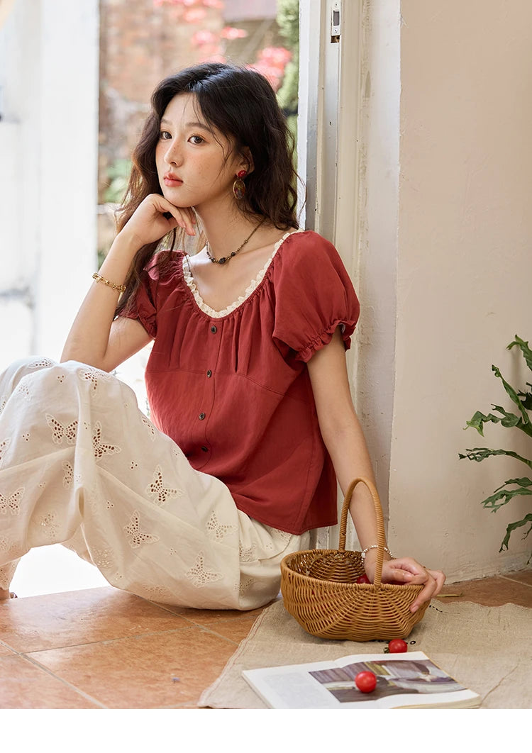 MISHOW French Summer Shirts for Women 2025 Short Puff Sleeve Lace Colla Slimming Blouses Female Sweet Fashion New MXE35X1827