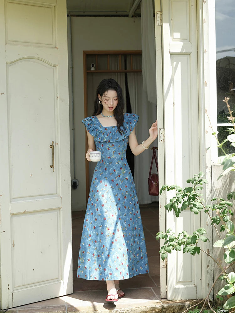 MISHOW Women's Fashion V-neck Ruffled Floral Dress Summer 2025 Flying Sleeve Waist Lace Up Casual Vacation Dresses MXE39L2436