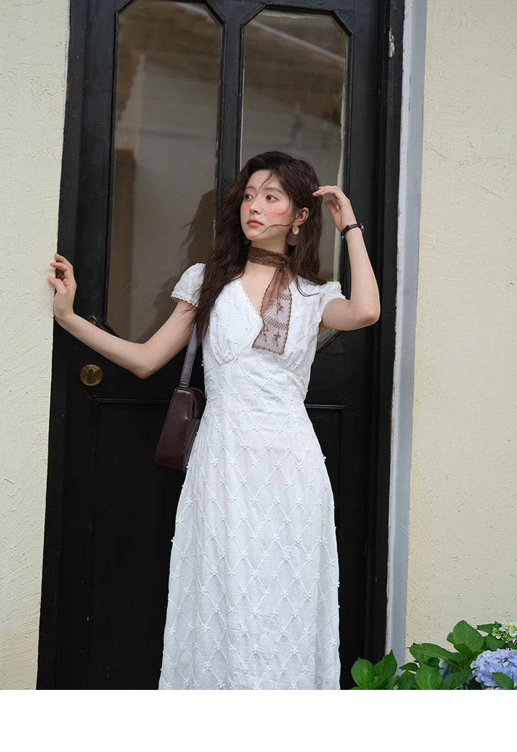 MISHOW Women's V-neck Lace Spliced Dress 2025 Summer New Embroidery Vacation French Style Jacquard Mid-Length Dresses MXE38L2378