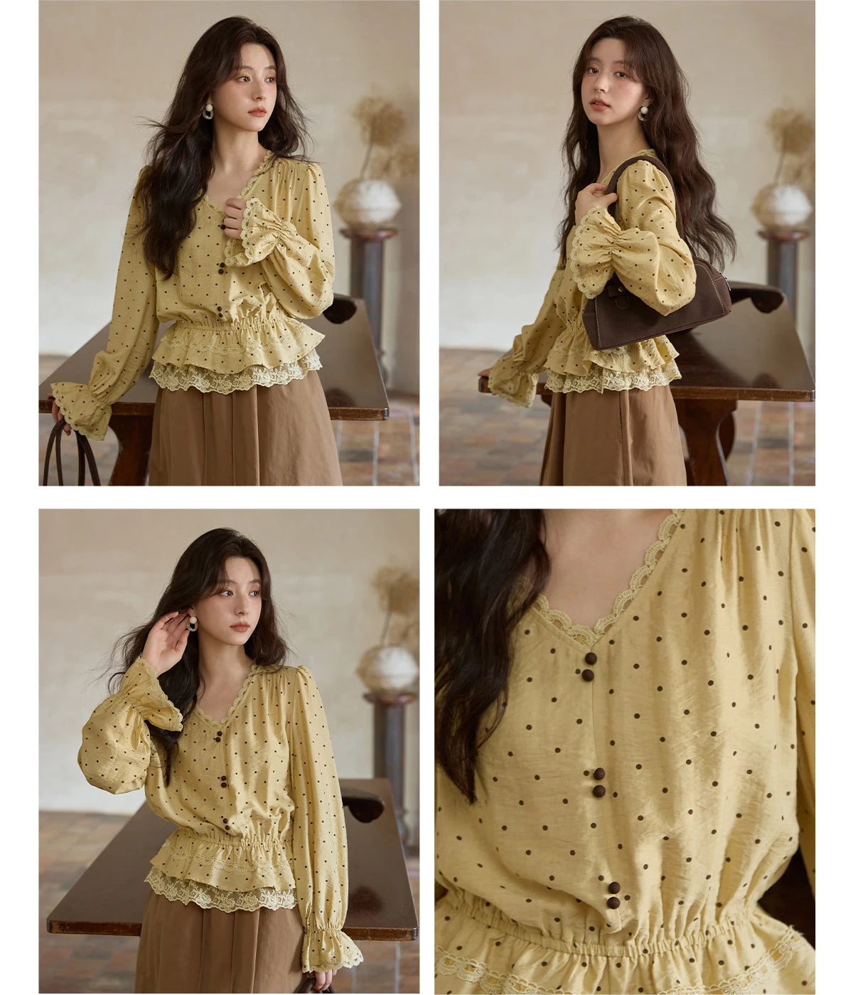 MISHOW Yellow Polka Dot Linen Blouse V-Neck Flare Sleeve MXE42X1975